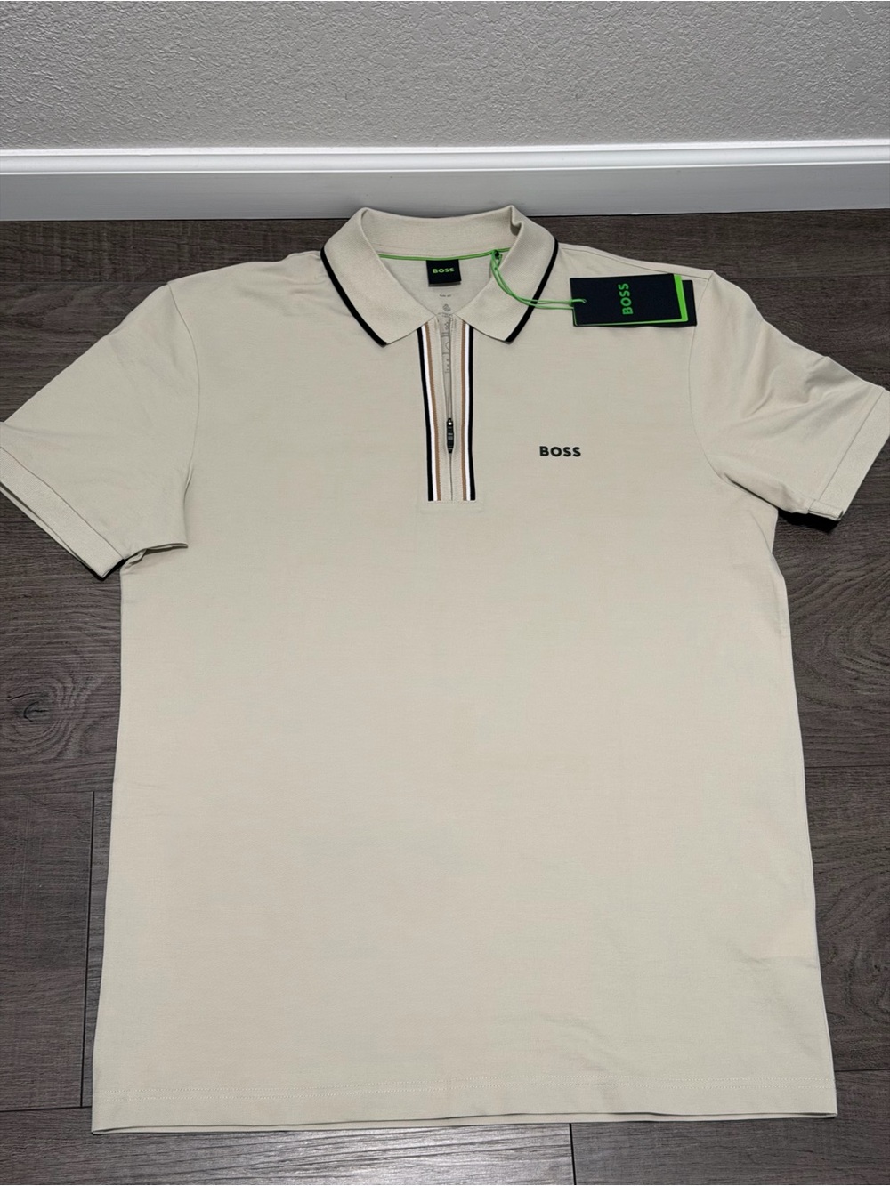 NWT Hugo Boss $119 Mens Philix Zip Polo Shirt Beige Large Active Pima Cotton